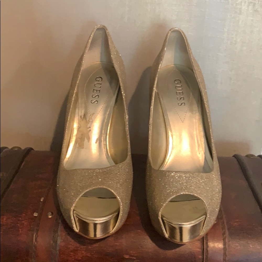 Guess Open-Toe Gold Shimmering Stilettos